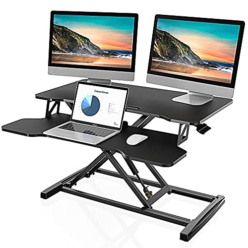 FITUEYES Height Adjustable Standing Desk 32” Wide Sit to Stand Converter Stand Up Desk Tabletop Workstation for Laptops Dual Monitor Riser Black SD308001WB