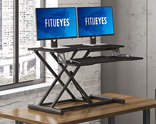 FITUEYES Height Adjustable Standing Desk 32” Wide Sit to Stand Converter Stand Up Desk Tabletop Workstation for Laptops Dual Monitor Riser Black SD308001WB