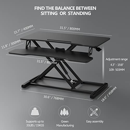 FITUEYES Height Adjustable Standing Desk 32” Wide Sit to Stand Converter Stand Up Desk Tabletop Workstation for Laptops Dual Monitor Riser Black SD308001WB