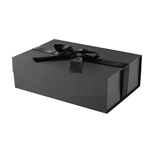 JINMING Large Gift Box with Ribbon 13.5x9x4.1 Inches, Gift Box with Lid, Large Black Gift Box for Presents, Groomsman Proposal Box, Large Gift Box (Matte Black)