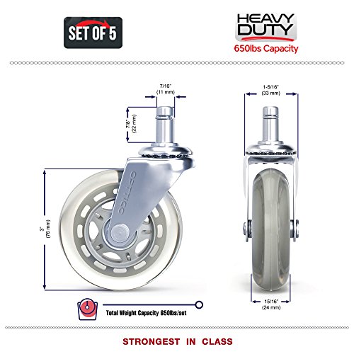 Office Chair Caster Wheels Replacement - Set of 5 HARDWOOD FLOOR Chair Wheels - No Chair Mat Needed - 3" Rollerblade Style HEAVY DUTY Desk Chair Casters With Soft Rubber Wheels, Smooth & Silent