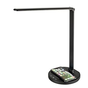 fugetek led desk office lamp with wireless charger & usb charging port, 5 light color modes, 5 brightness modes, dimmer, easy touch control, 30/60 min auto off timer, eye-caring, black