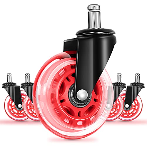 Office Chair Caster Wheels Replacement Rubber Chair Casters for Hardwood Floors and Carpet, Set of 5, Heavy Duty Office Chair Casters for Chairs to Replace Office Chair Mats - Universal Fit (Red)