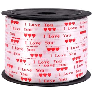 valentine i love you ribbon roll – 100 yards, red heart ribbon wired | red and white valentine ribbon for gift wrapping | hearts print valentines ribbon for flower crafts | valentine curling ribbon