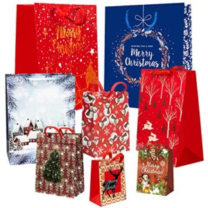 novnsoi 24 pcs gift bags for wrapping holiday gifts, recyclable festival bags with snowman, reindeer, christmas bell/tree, snowflake, gin design – bulk set,6 x-l,6 large,6 medium,6 small