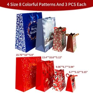 Novnsoi 24 PCS Gift Bags for Wrapping Holiday Gifts, Recyclable Festival Bags with Snowman, Reindeer, Christmas Bell/Tree, Snowflake, Gin Design - Bulk Set,6 X-L,6 Large,6 Medium,6 Small