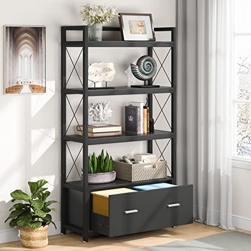 File Cabinet with Drawer, Vertical Lateral Filing Cabinet, Free Standing Storage Cabinet, Letter Size/A4 Size File Cabinet with Storage Shelves for Home Office, Black