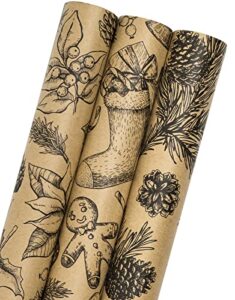 maypluss kraft christmas wrapping paper roll – mini roll – 17 inch x 120 inch per roll – 3 different rustic design (42.3 sq.ft.ttl)