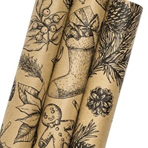 MAYPLUSS Kraft Christmas Wrapping Paper Roll - Mini Roll - 17 inch X 120 inch Per roll - 3 Different Rustic Design (42.3 sq.ft.ttl)