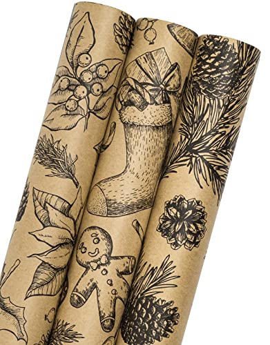 MAYPLUSS Kraft Christmas Wrapping Paper Roll - Mini Roll - 17 inch X 120 inch Per roll - 3 Different Rustic Design (42.3 sq.ft.ttl)