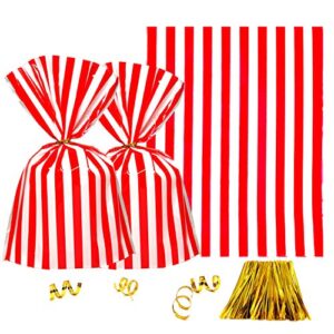clear plastic cellophane treat bags – red white stripes party favors cello bags wedding baby shower birthday carnival party cookie candy treat favors bags, 100pc
