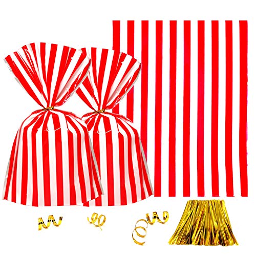 Clear Plastic Cellophane Treat Bags - Red White Stripes Party Favors Cello Bags Wedding Baby Shower Birthday Carnival Party Cookie Candy Treat Favors Bags, 100pc