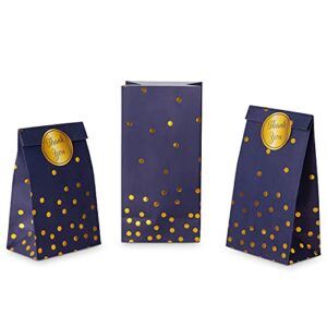 ROYAL BLUEBONNET Navy Blue and Gold Confetti Gift Bags -Set of 24- Blue Paper Goodie Bags and Stickers – Baby Shower Favor Bags, Blue and Gold Party Decorations, Blue Party Supplies, Blue Candy Bags
