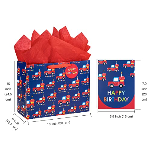 WRAPAHOLIC 13" Large Gift Bag with Card and Tissue Paper - Car Design Happy Birthday