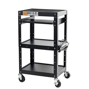 pearington av presentation cart stand for video projector, tv, laptop computers, printers, metal construction rolling storage cart with adjustable shelves, 4 wheels, 4 outlets, 12ft cord, black
