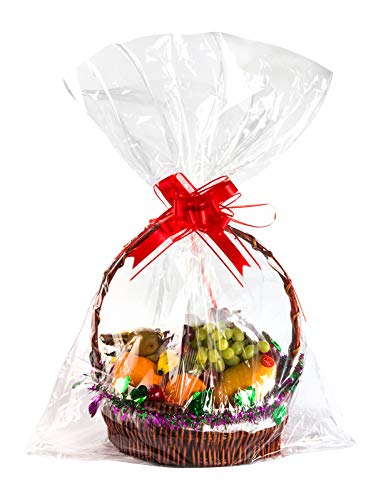 ELTNEGSA 30x45 Inch Clear Basket Bags, 10 Pack Large Cellophane Wrap Bags Basket Packaging Bags with 10pcs Bows for Christmas Gift Packages Fruit Basket