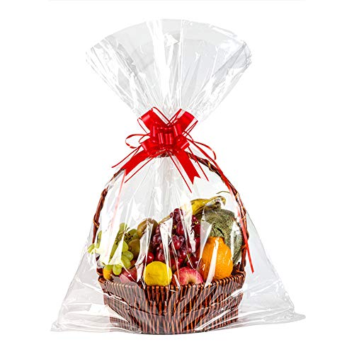 ELTNEGSA 30x45 Inch Clear Basket Bags, 10 Pack Large Cellophane Wrap Bags Basket Packaging Bags with 10pcs Bows for Christmas Gift Packages Fruit Basket