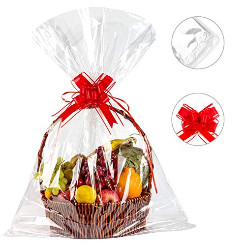 ELTNEGSA 30x45 Inch Clear Basket Bags, 10 Pack Large Cellophane Wrap Bags Basket Packaging Bags with 10pcs Bows for Christmas Gift Packages Fruit Basket