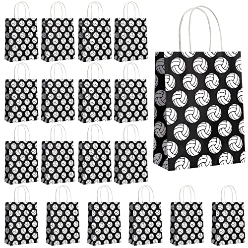 18 Pcs Volleyball Party Treat Bags Volleyball Goody Treat Bag with Handle Black Volleyball Paper Bag Kraft Goodie Candy Bags for Sport Theme Birthday Party Decor (Black Backing, Multi Volleyball Style)