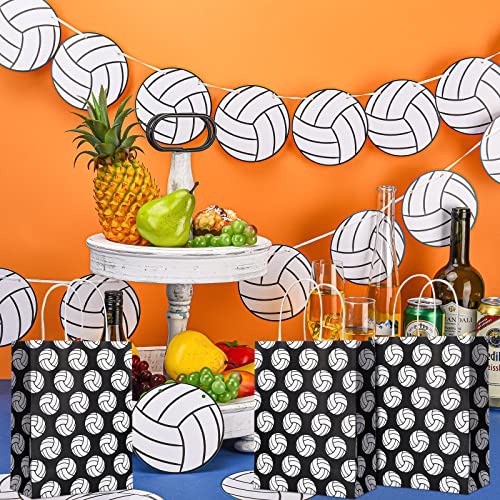 18 Pcs Volleyball Party Treat Bags Volleyball Goody Treat Bag with Handle Black Volleyball Paper Bag Kraft Goodie Candy Bags for Sport Theme Birthday Party Decor (Black Backing, Multi Volleyball Style)