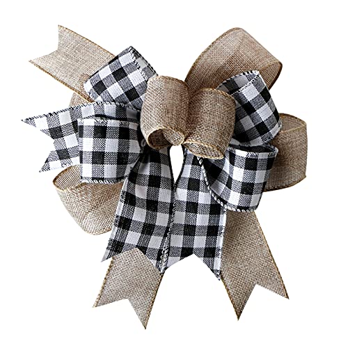 SIMISI RIBBON Christmas Buffalo Plaid Bow Burlap Black White Plaid Bows for Wreath Kitchen Decor 9.5 x 13 inch