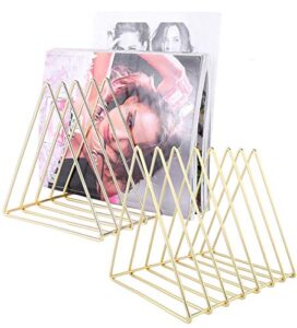 urban deco triangle desk organizers metal wire magazine holder 7 sections decorative file folder organizer vinyl record storage office for desk – gold magazine file holder – pack of 2
