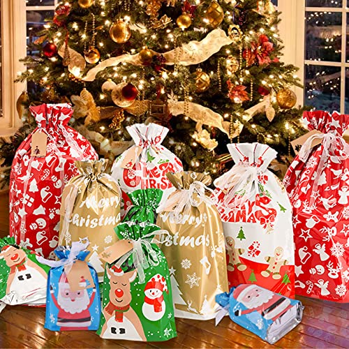 40pcs Drawstrings Christmas Gift Bags Assorted Sizes, Holiday Gift Bag Bulk Christmas Bags For Gifts Wrapping, Reusable Plastic Xmas Presents Party Favor Goody Bags Jumbo/Extra Large/Medium/Small