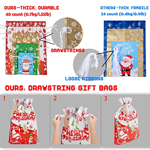 40pcs Drawstrings Christmas Gift Bags Assorted Sizes, Holiday Gift Bag Bulk Christmas Bags For Gifts Wrapping, Reusable Plastic Xmas Presents Party Favor Goody Bags Jumbo/Extra Large/Medium/Small