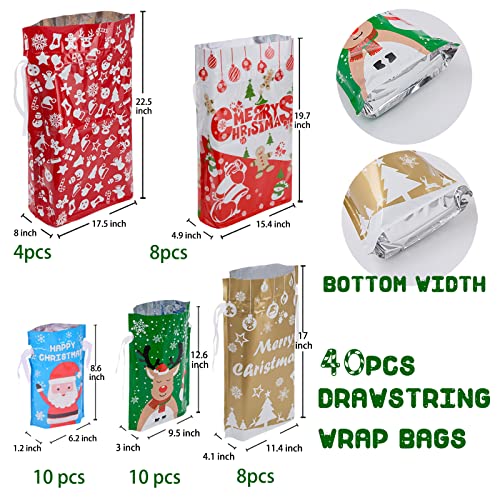 40pcs Drawstrings Christmas Gift Bags Assorted Sizes, Holiday Gift Bag Bulk Christmas Bags For Gifts Wrapping, Reusable Plastic Xmas Presents Party Favor Goody Bags Jumbo/Extra Large/Medium/Small