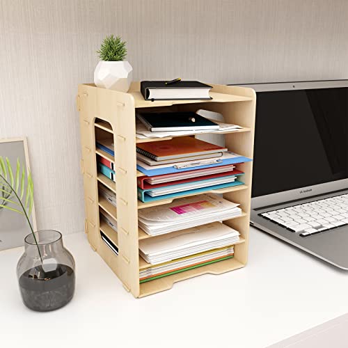 PUNCIA 7Tiers Lengthways Wood Office Paper Organizer for Desk Desktop File Holder Stackable Letter Tray Legal A4 Paper Sorter Document Book Magazine Mail Storage Shelf Rack Desk Literature Organizer