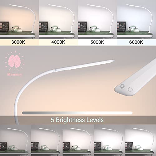LED Desk Lamp With Clamp, 10W Gooseneck Lamps Touch Control,Swing Arm Clamp Lamp, Architect Clamp Desk Lamp Dimmable,Nail Lamp for Desk Table (White)