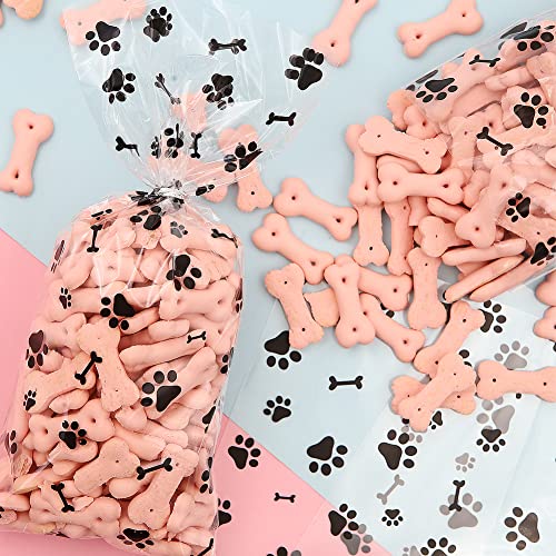 100 Pieces Pet Paw Bone Print Cellophane Bags, Dog Puppy Pet Gift Bags with Silver Twist Ties, Cellophane Treat Bags for Candy Cookie Chocolate Nuts Birthday Party Favor Goody Bags