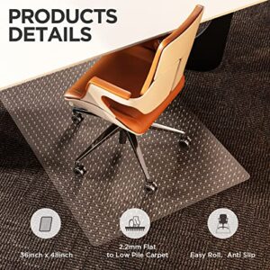 Office Chair Mat for Carpet, 48"X36" 2.2mm Thick, Rectangle Desk Chair Mat with Studs for Low, Standard, and No Pile Carpeted Floors, Easy Flat and Glide Floor Mat, Transparent and Sturdy