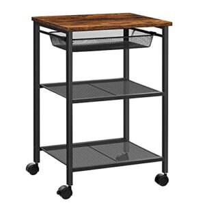 hoobro mobile printer stand, 3-tier printer cart with storage shelf, adjustable metal mesh basket, printer table on wheels, industrial style in home office, rustic brown and black bf23ps01