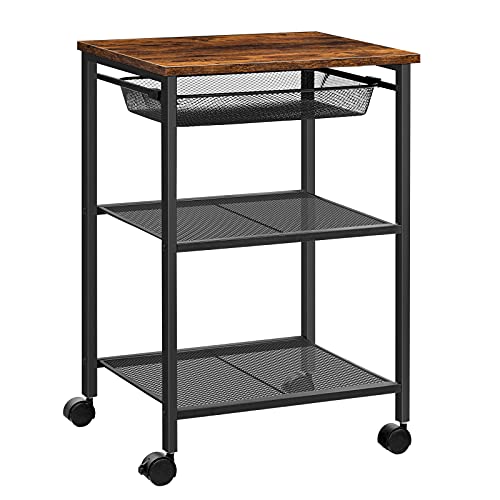 HOOBRO Mobile Printer Stand, 3-Tier Printer Cart with Storage Shelf, Adjustable Metal Mesh Basket, Printer Table on Wheels, Industrial Style in Home Office, Rustic Brown and Black BF23PS01