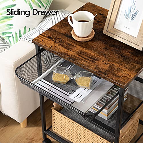 HOOBRO Mobile Printer Stand, 3-Tier Printer Cart with Storage Shelf, Adjustable Metal Mesh Basket, Printer Table on Wheels, Industrial Style in Home Office, Rustic Brown and Black BF23PS01
