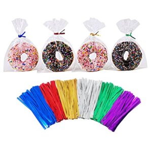 wowfit 200 ct 5” x 7” clear flat cellophane treat bags with 6 colors 4″ twist ties, cello packaging for donuts, cookies, candies and gift wrapping