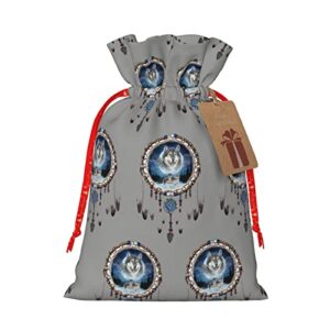 drawstrings christmas gift bags indian-catcher-wolf-grey presents wrapping bags xmas gift wrapping sacks pouches medium