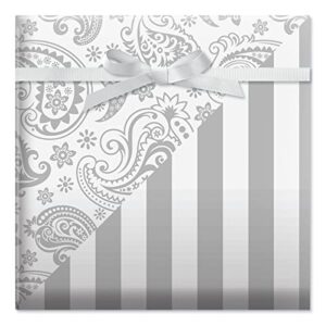 current silver paisley with stripes wedding, reversible double-sided jumbo gift wrap roll, 23 inches x 32 feet per roll