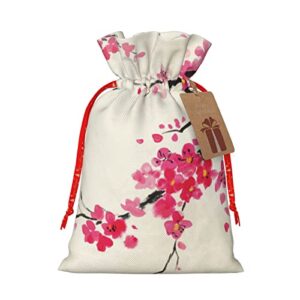 Drawstrings Christmas Gift Bags Blossoming-Oriental-Cherry-Branch Presents Wrapping Bags Xmas Gift Wrapping Sacks Pouches Medium