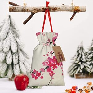 Drawstrings Christmas Gift Bags Blossoming-Oriental-Cherry-Branch Presents Wrapping Bags Xmas Gift Wrapping Sacks Pouches Medium