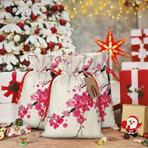 Drawstrings Christmas Gift Bags Blossoming-Oriental-Cherry-Branch Presents Wrapping Bags Xmas Gift Wrapping Sacks Pouches Medium