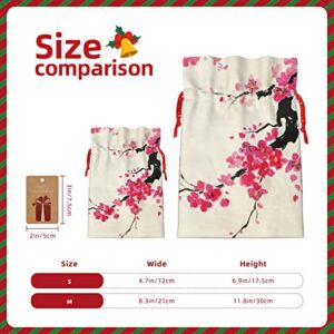 Drawstrings Christmas Gift Bags Blossoming-Oriental-Cherry-Branch Presents Wrapping Bags Xmas Gift Wrapping Sacks Pouches Medium