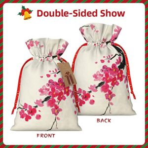 Drawstrings Christmas Gift Bags Blossoming-Oriental-Cherry-Branch Presents Wrapping Bags Xmas Gift Wrapping Sacks Pouches Medium