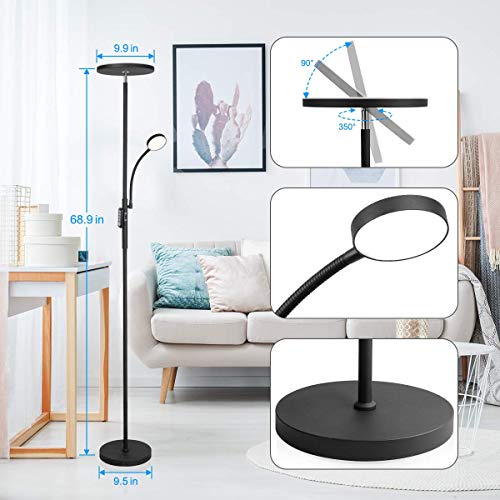 Led Floor Lamp - Soarz Torchiere Floor Lamp with Adjustable Reading Lamp,2000lumens Main Light and 400lumens Side Reading Light for Living Room, Bedroom, Office, Work with Remote Control, Matte Black