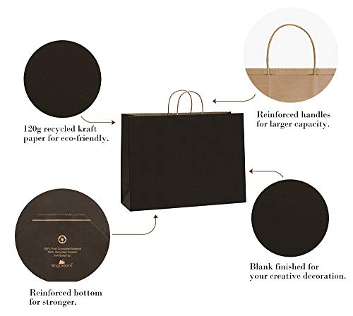 BagDream 25Pcs 16x6x12 Inches Kraft Paper Bags with Handles Bulk Gift Bags Shopping Bags for Grocery, Merchandise, Party, 100% Recyclable Large Black Paper Bags