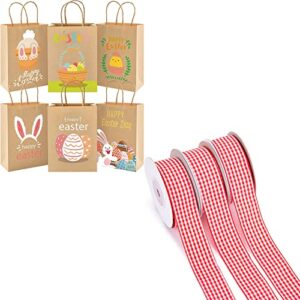 toxoy 3 rolls red gingham ribbon and 18pcs easter kraft gift bags