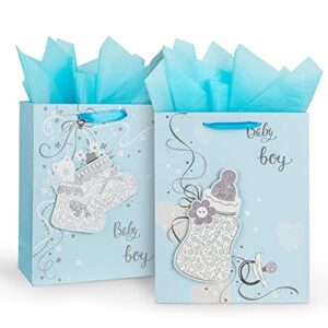 12.6″ large baby shower birthday gift bags for boy with tissue papers 2-pack (blue)