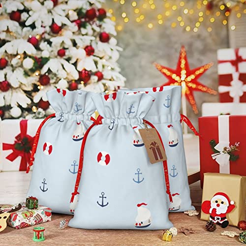 Drawstrings Christmas Gift Bags Seagull-Ocean-Ship-Anchor Presents Wrapping Bags Xmas Gift Wrapping Sacks Pouches Medium