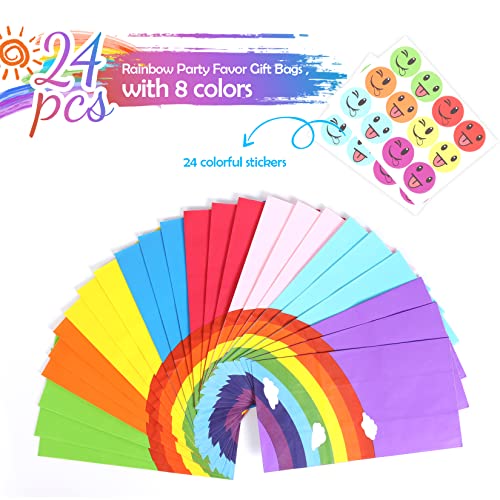 Florskoye Party Favor Bags 24 Pieces Goodie Bags, Rainbow Wrapped Candy Treat Bags Paper Gift Bags with 24 Pcs Stickers for Kids Birthday, Baby Shower, Christmas, Wedding, Party Suppliers (Rainbow)